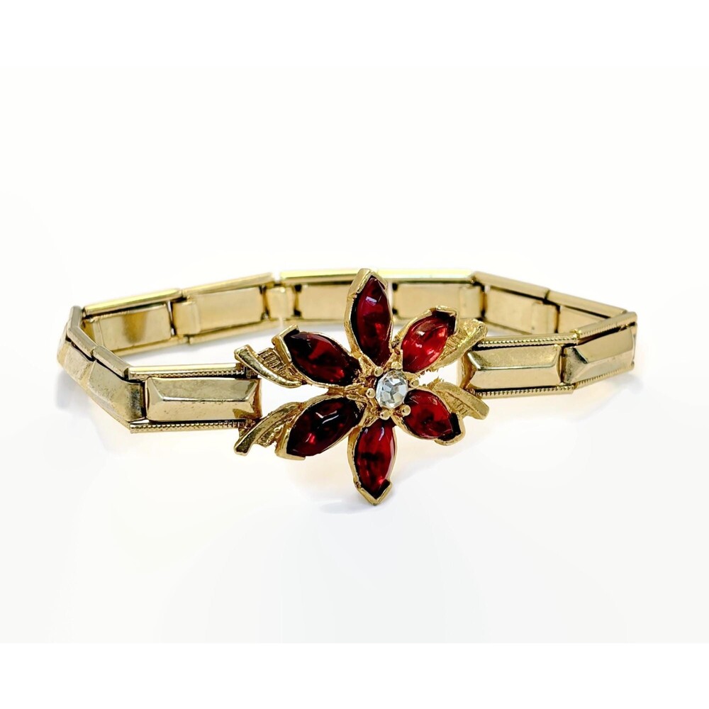 Vintage Bracelet, Expansion, Japan, Sweetheart, Red Flower, Gold Rhinestone, 50s